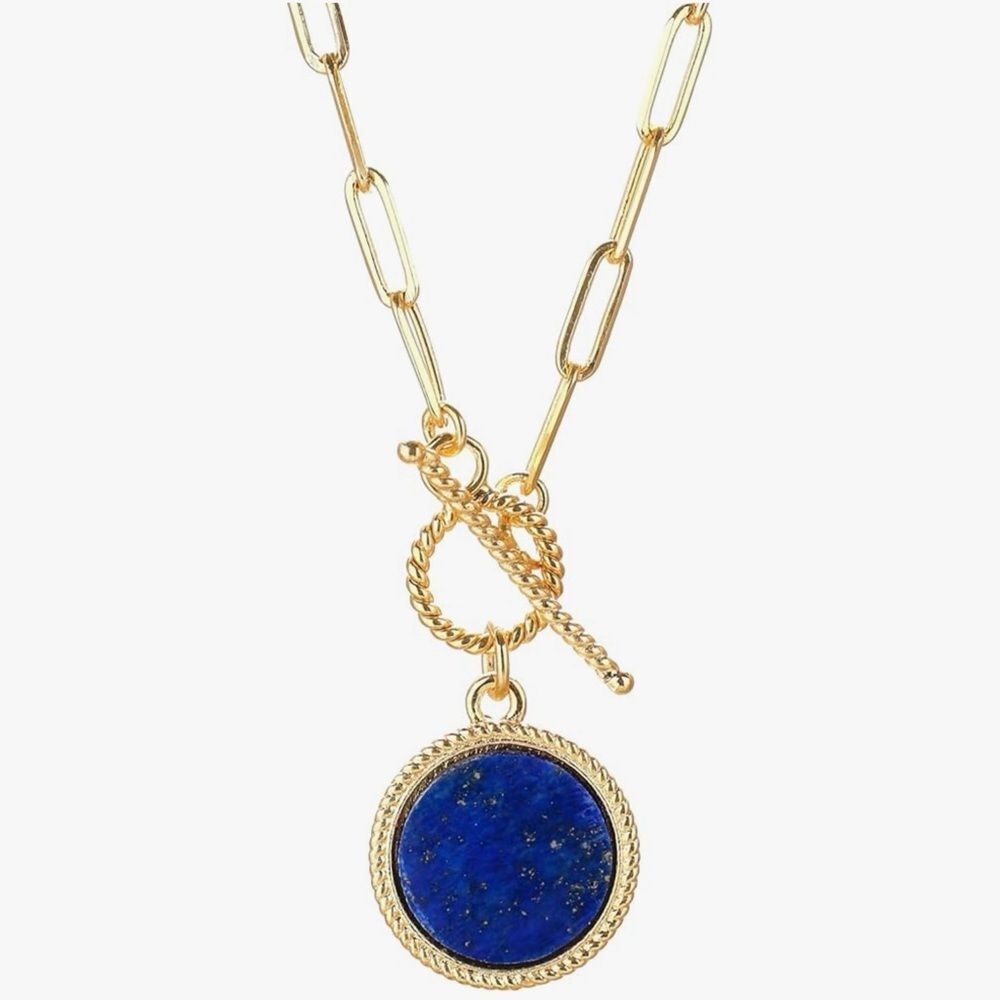 NEW 14k Gold Plated Lapis Lazuli Paperclip chain Necklace - Picture 1 of 3
